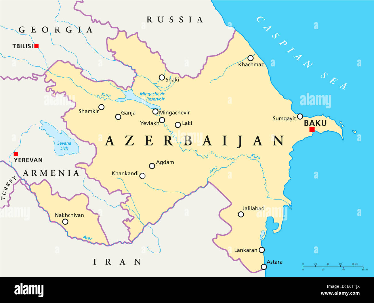 Azerbaijan Political Map with capital Baku, national borders, most important cities, rivers and lakes. English labeling. Stock Photo