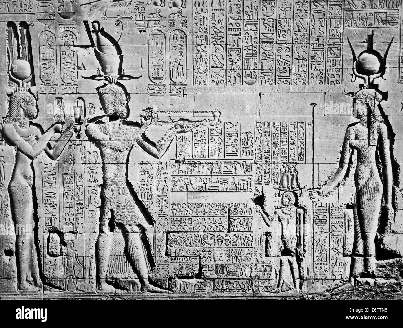 Temple of Goddess Harthor  Dendera Egypt 1860 Egyptian hieroglyphs hieroglyph relief Sculptures Stock Photo