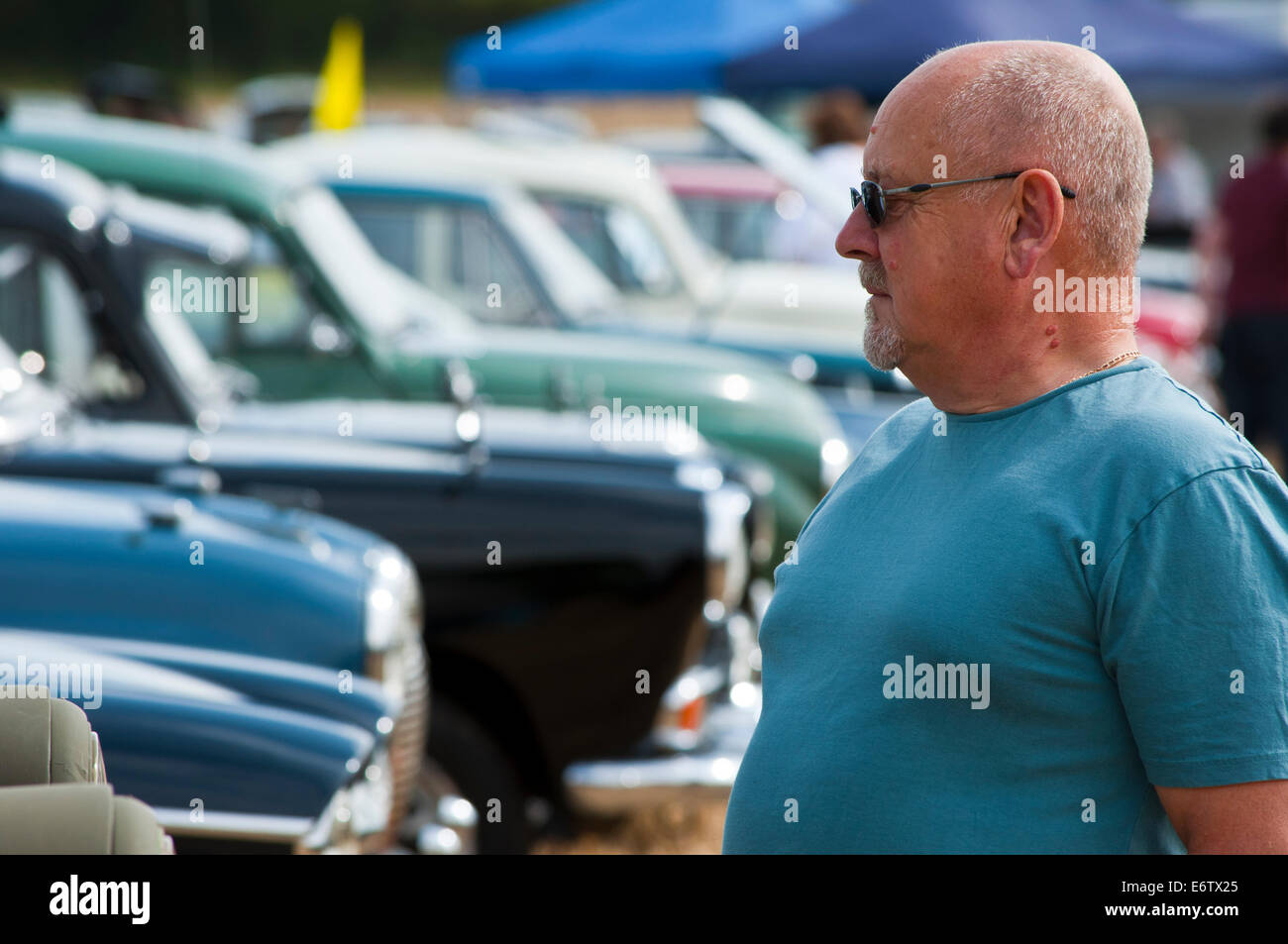 middle age man looking at classic cars Stock Photo