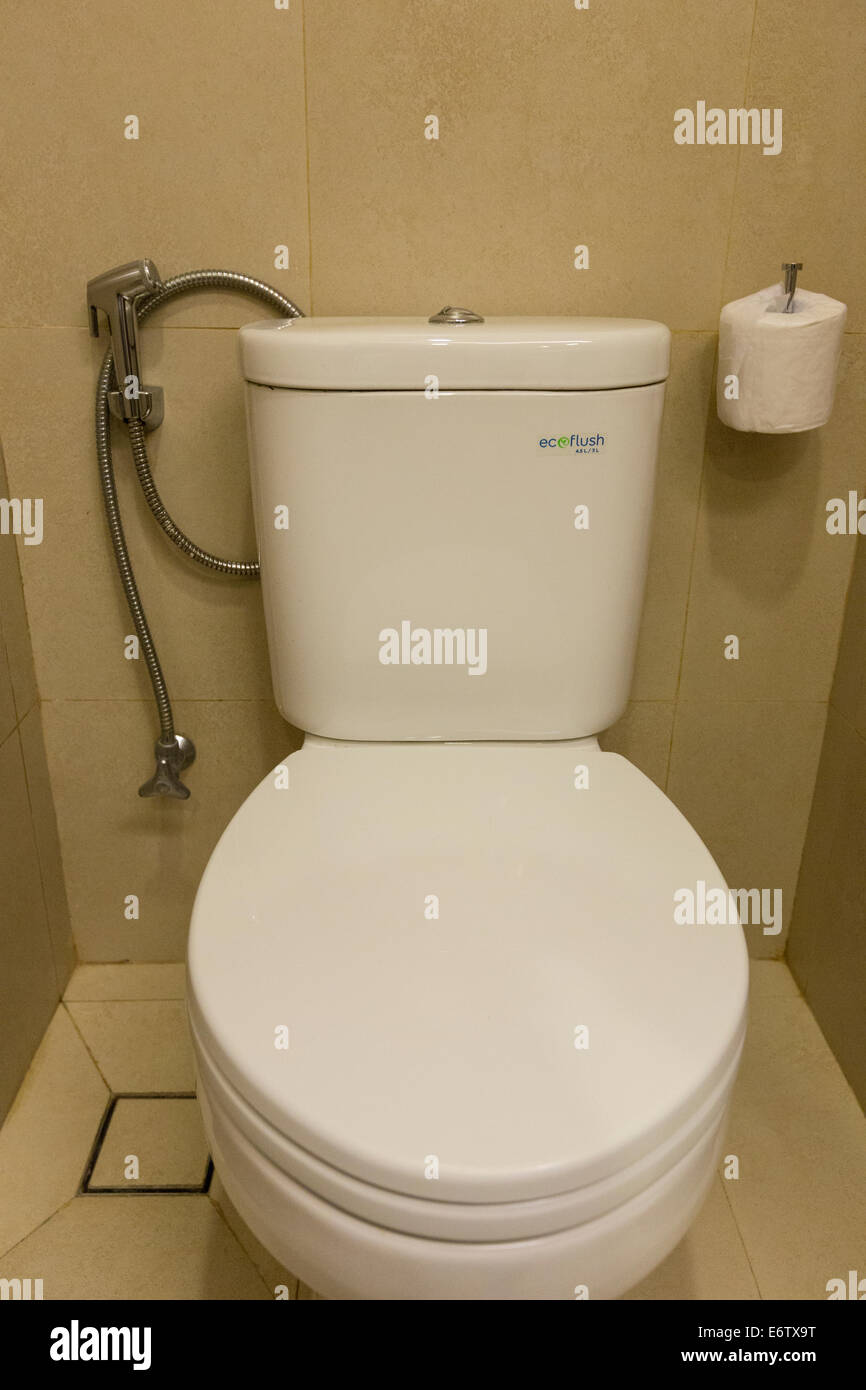 Yogyakarta, Indonesia.  Toilet with Paper for Western Users, or Water Hose for non-Western (Islamic, Asian, Third World) Users. Stock Photo