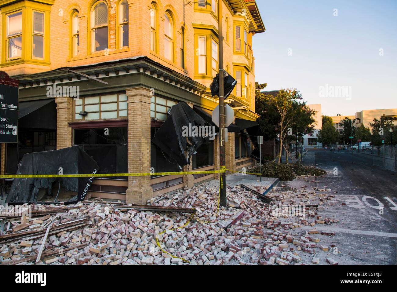 Rubble from a building in Alexandria Square damaged by a 6.0 earthquake August 26, 2014 that struck Napa, California. At least 103 structures were considered unsafe to enter after the earthquake that struck the region August 24. 2014. Stock Photo