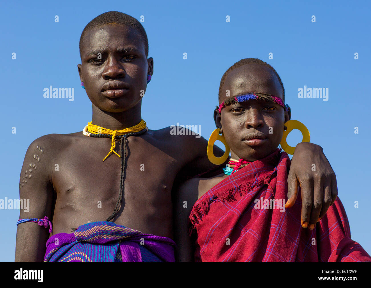 Portrait Of Bodi Tribe Young Men, Hana Mursi, Omo Valley, Ethiopia Stock Photo