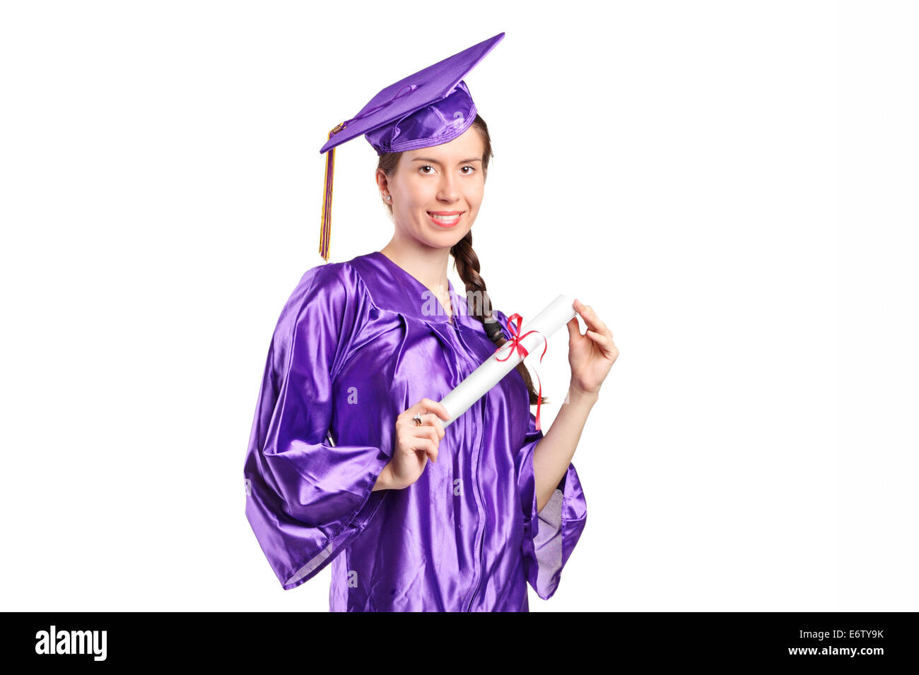 Female graduate student holding a diploma isolated on white background ...