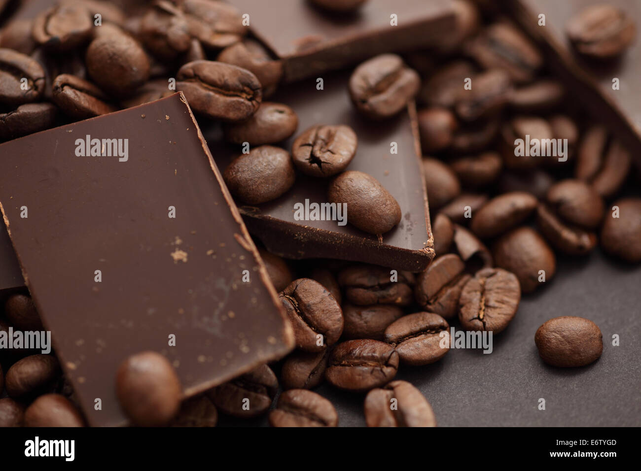 Chocolate and coffee beans close-up. Stock Photo