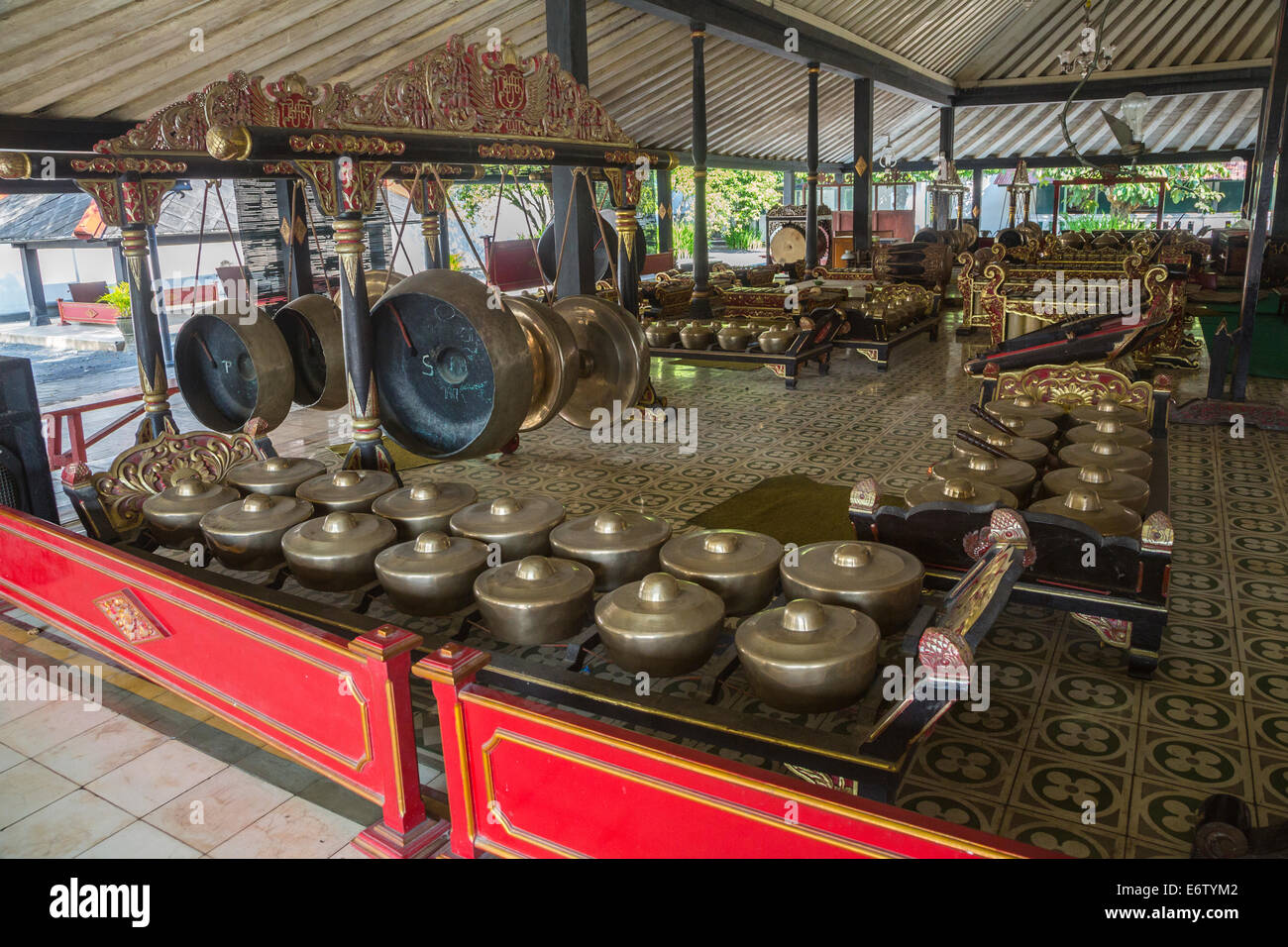 Yogyakarta, Java, Indonesia.  Gongs in the Gamelan Orchestra at the Sultan's Palace. Stock Photo