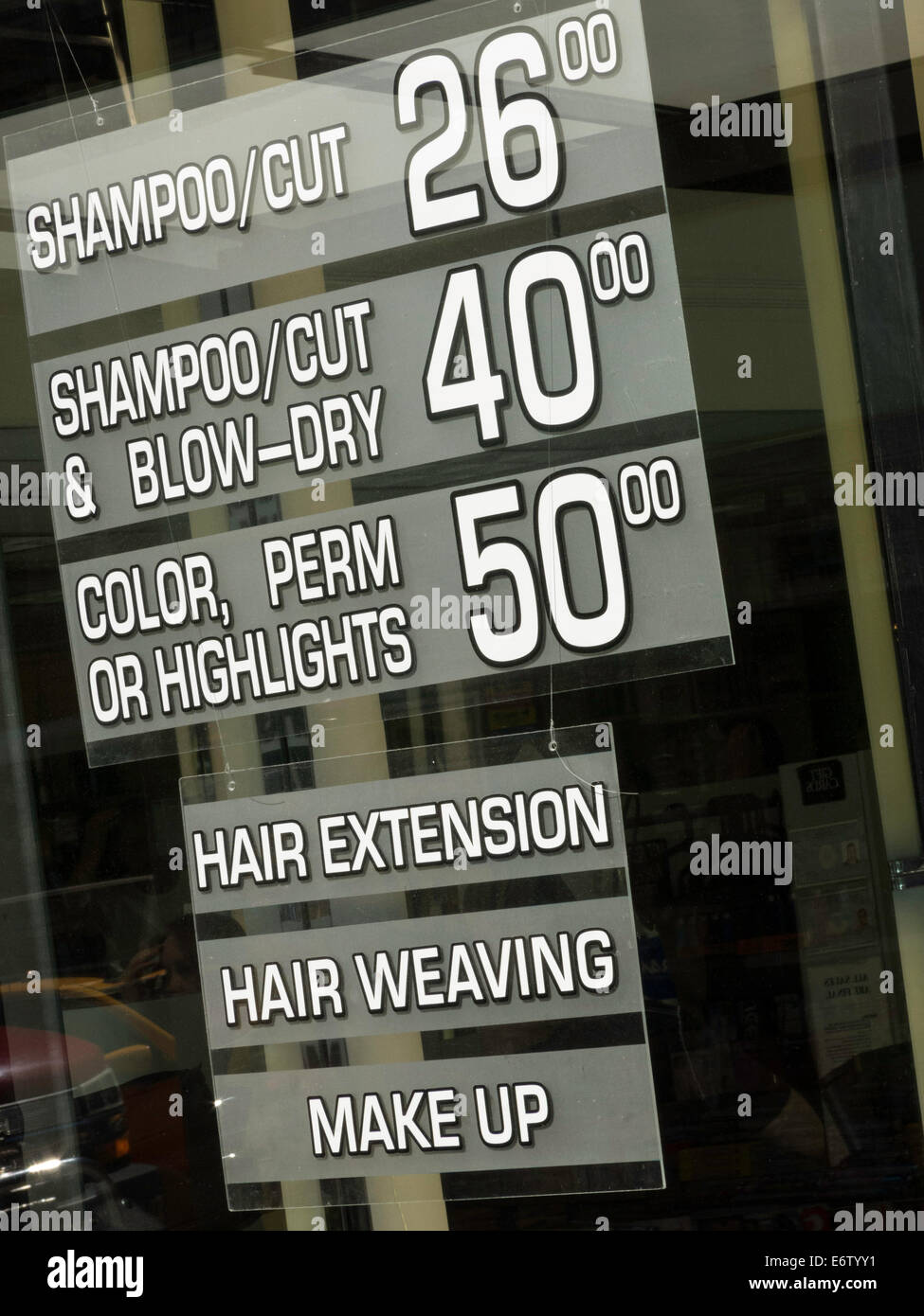 Posted Prices For Services Hair Salon Nyc Usa Stock Photo