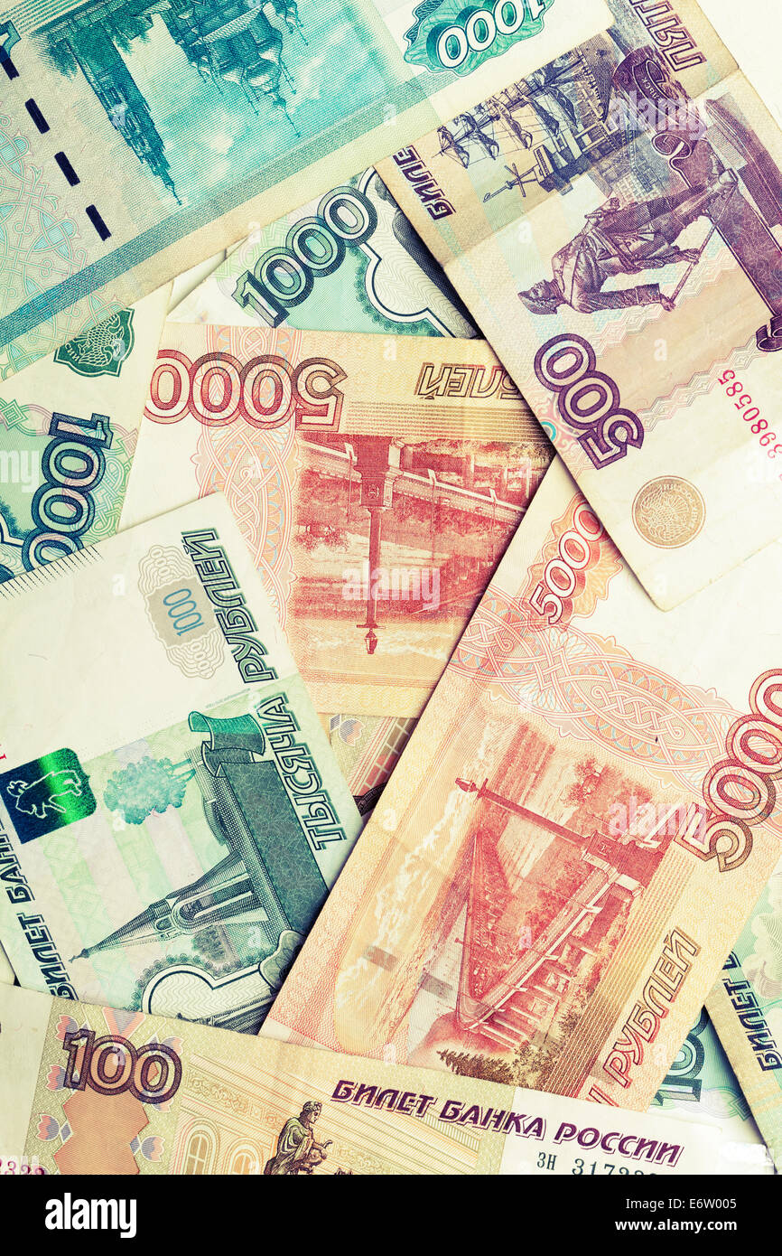 Russian Money Rubles Banknotes Vintage Toned Photo Texture Stock