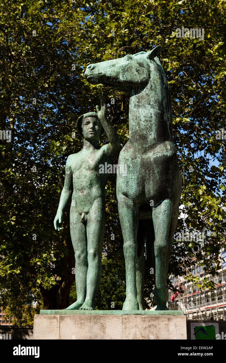 'mann mit Pferd' statue on the banks of the River Leine, Hanover, Germany Stock Photo