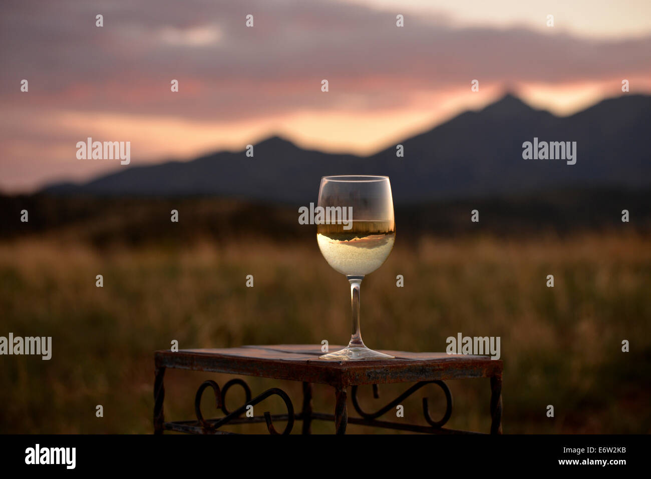 A glass of white wine on display along the Arizona Wine Trail, Sonoita
