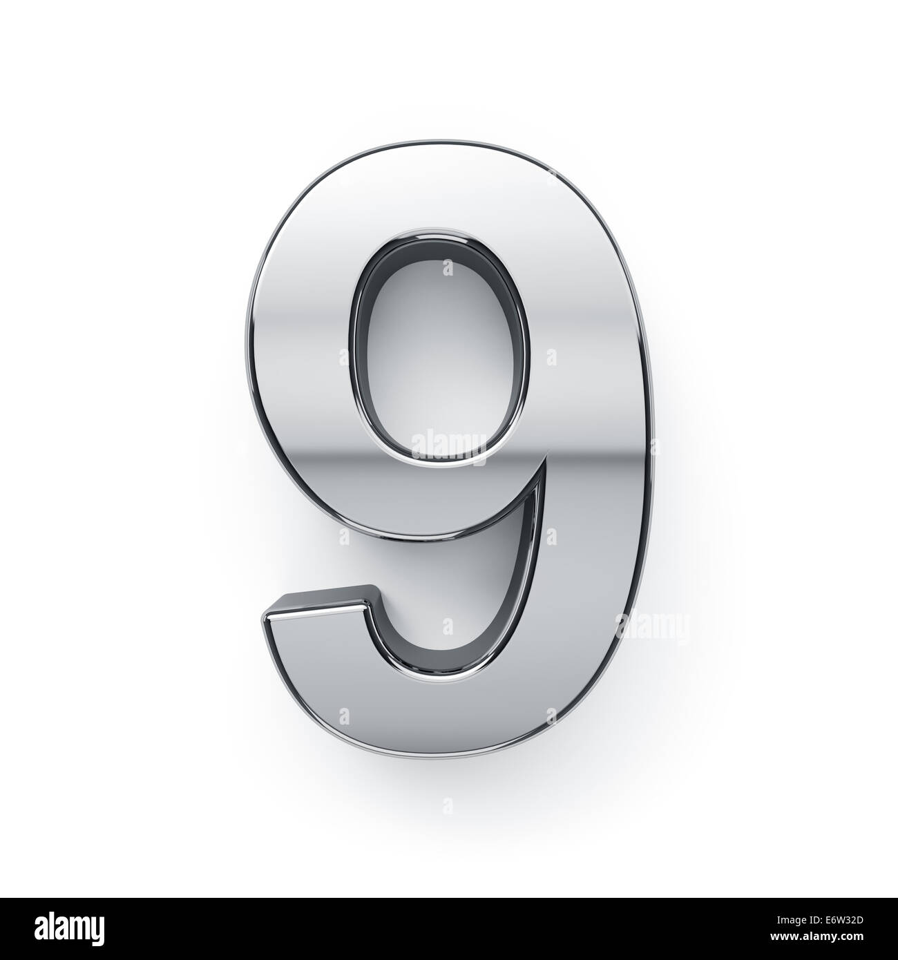 3d render of metallic digit nine symbol - 9. Isolated on white background Stock Photo