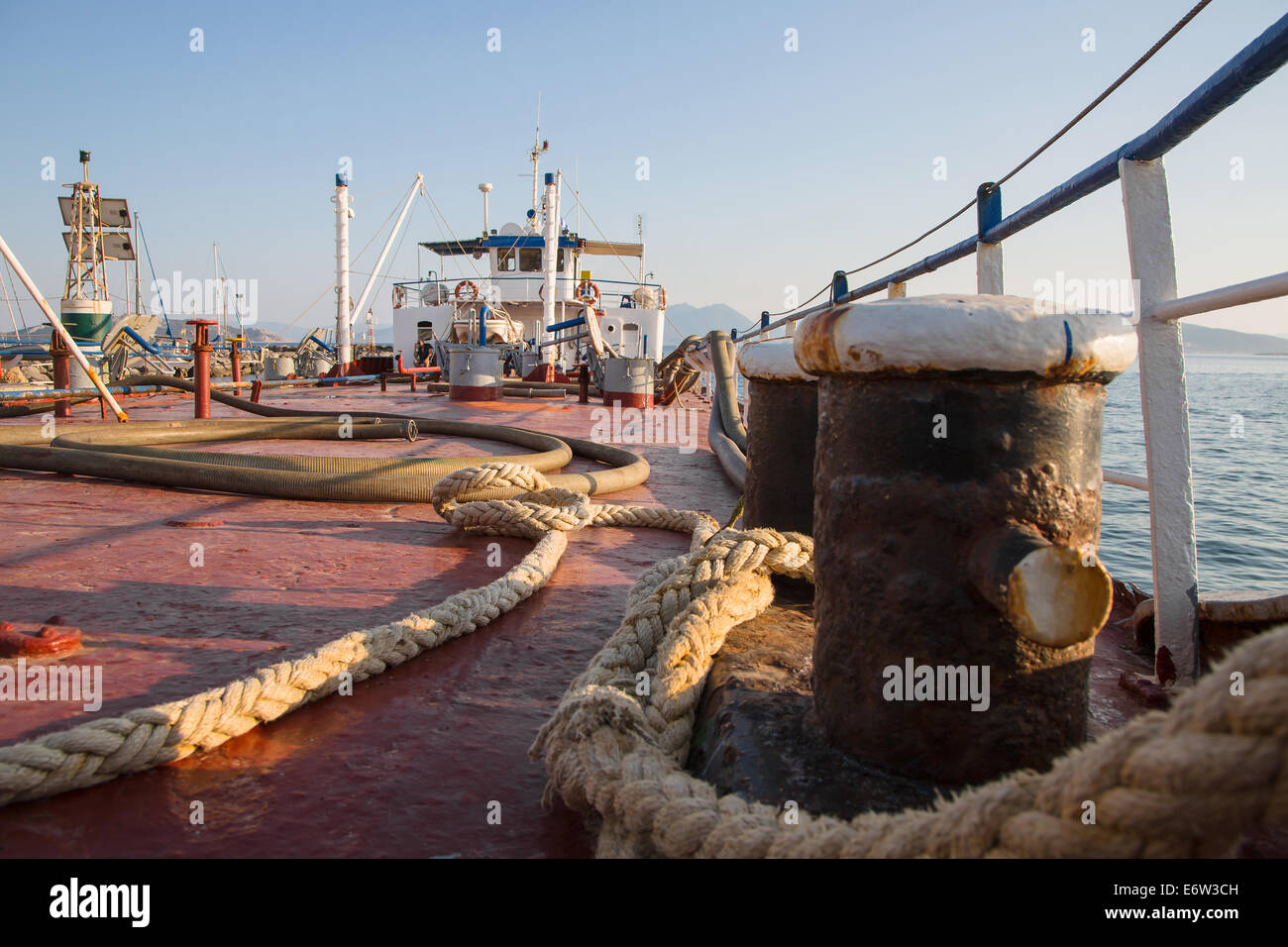Deck of an old water ship - technical details. Rusty, antique and ancient technology. Stock Photo