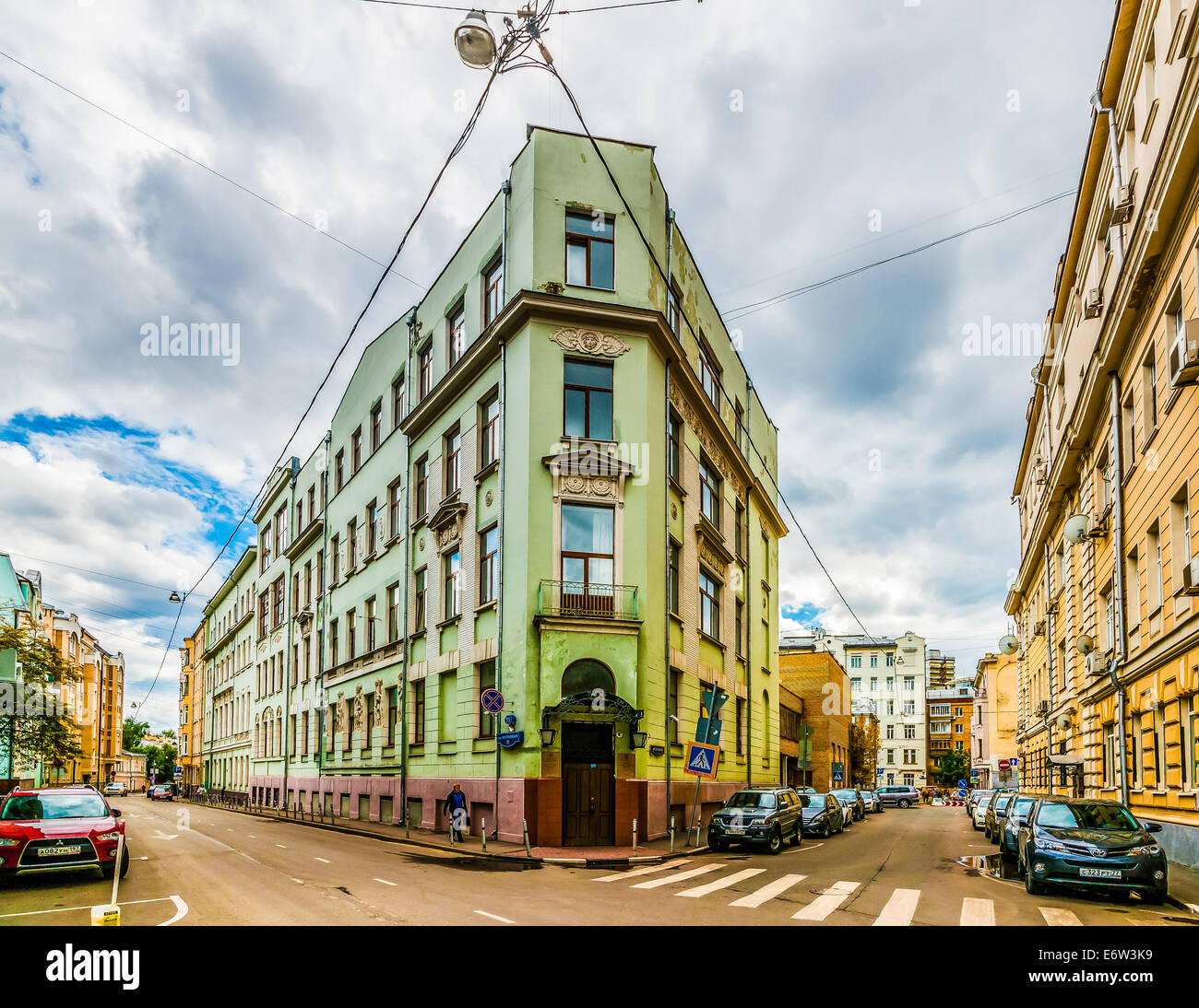 The junction between Merzlyakovsky lane (left) and Medvezhiy lane (right) by Nikitsky Gates square Stock Photo