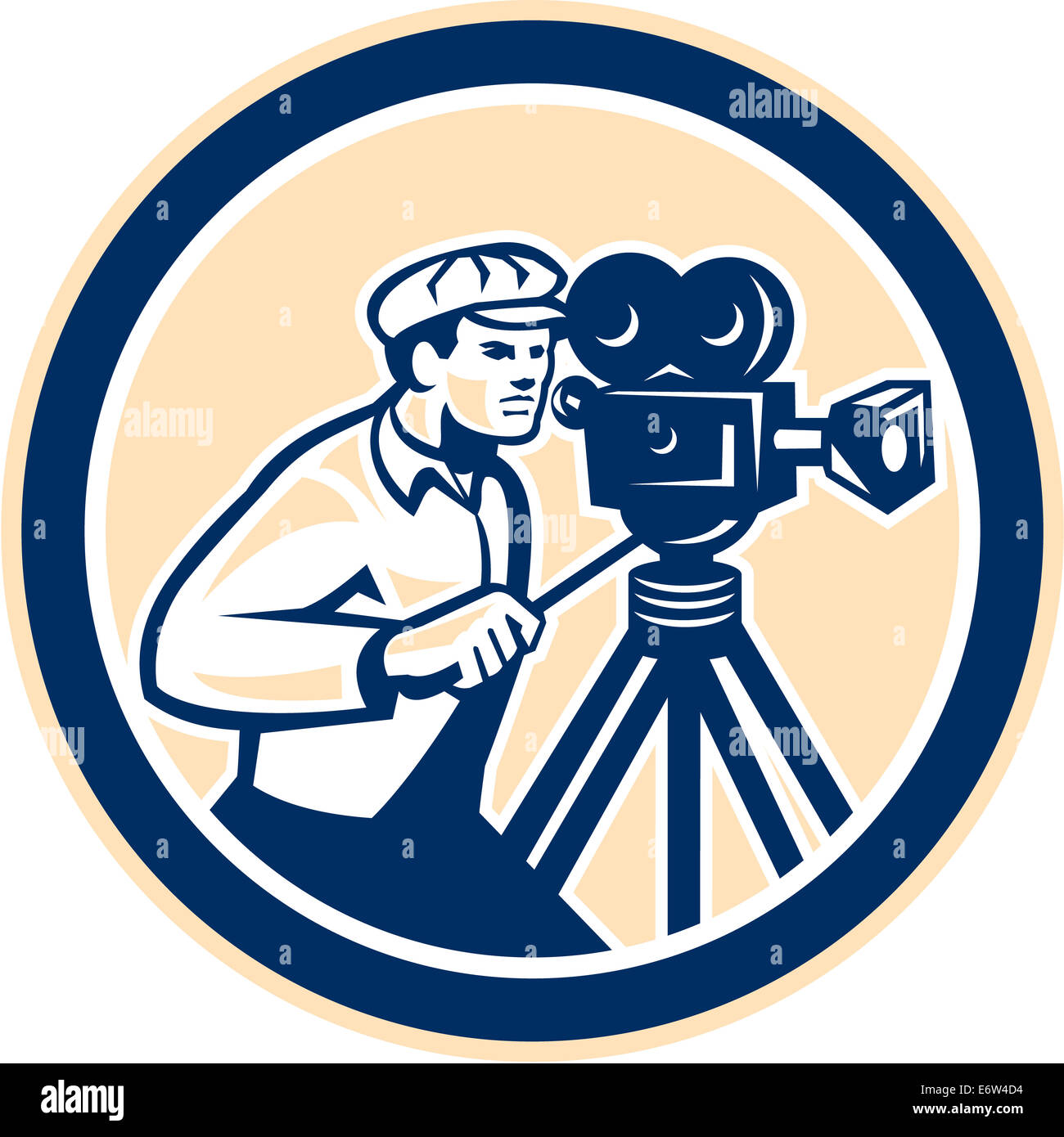 Illustration of a cameraman movie director with vintage movie film camera viewed from the side set inside circle on isolated background done in retro style. Stock Photo