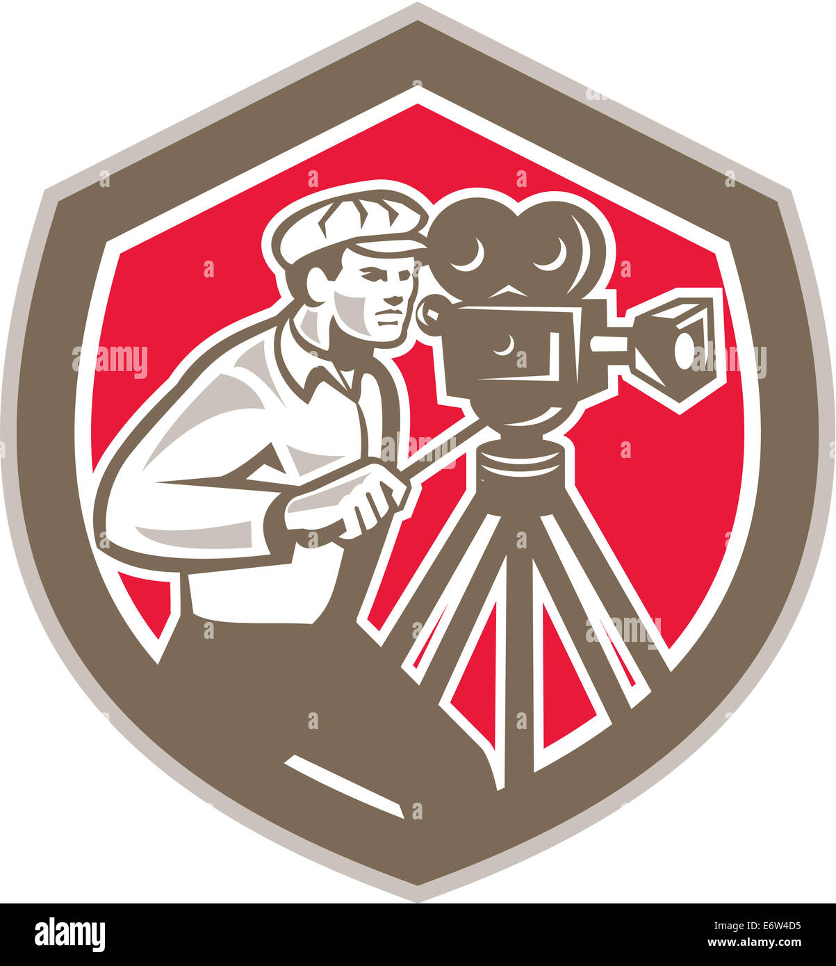 Illustration of a cameraman movie director with vintage movie film camera shooting set inside shield crest on isolated background done in retro style. Stock Photo