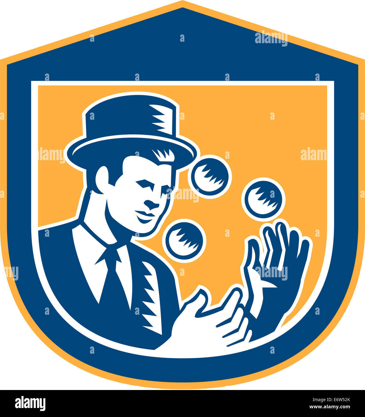 Illustration of a juggler juggling balls wearing top hat set inside