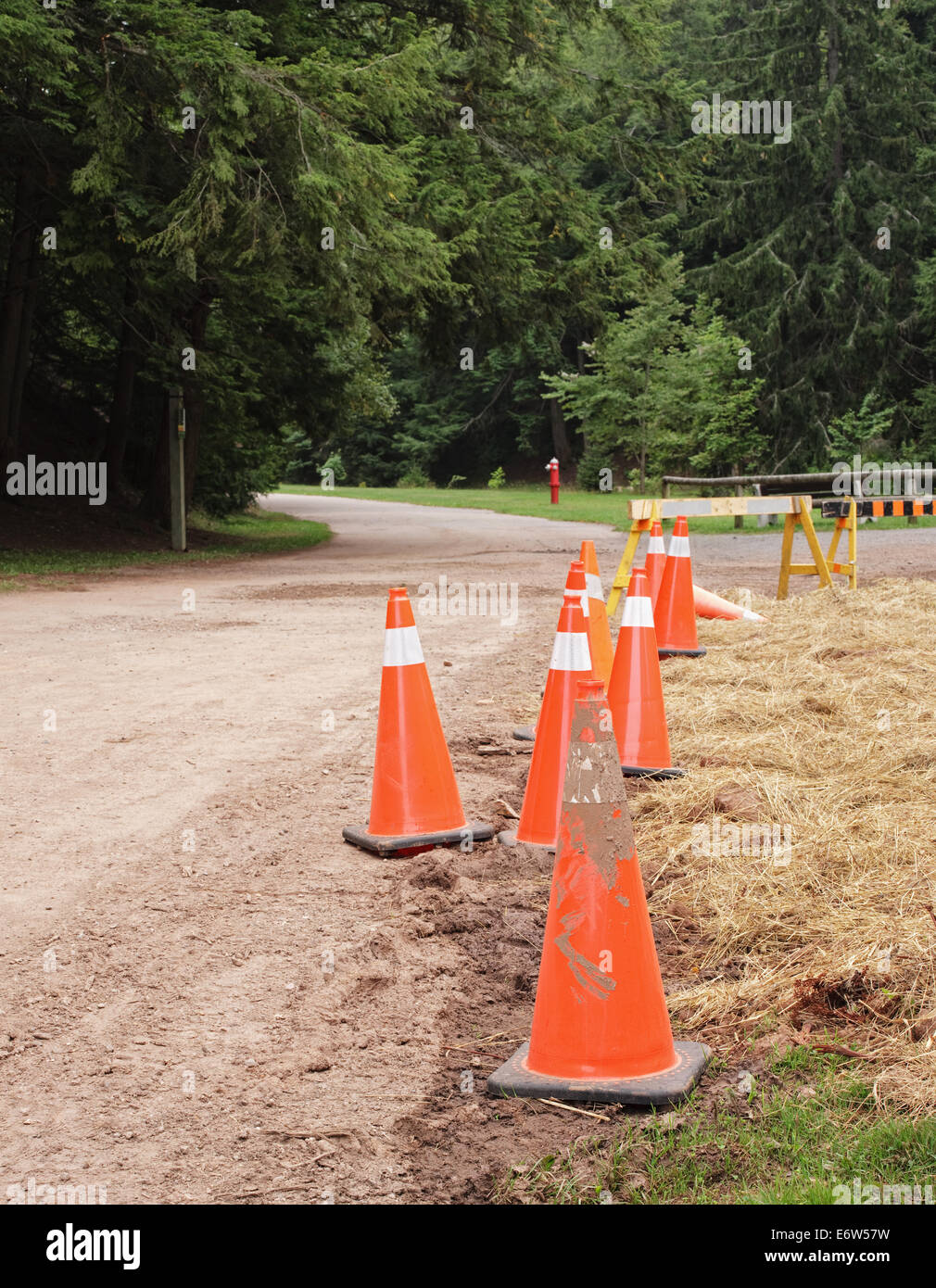 Safety cones in rural setting beside road way. Stock Photo