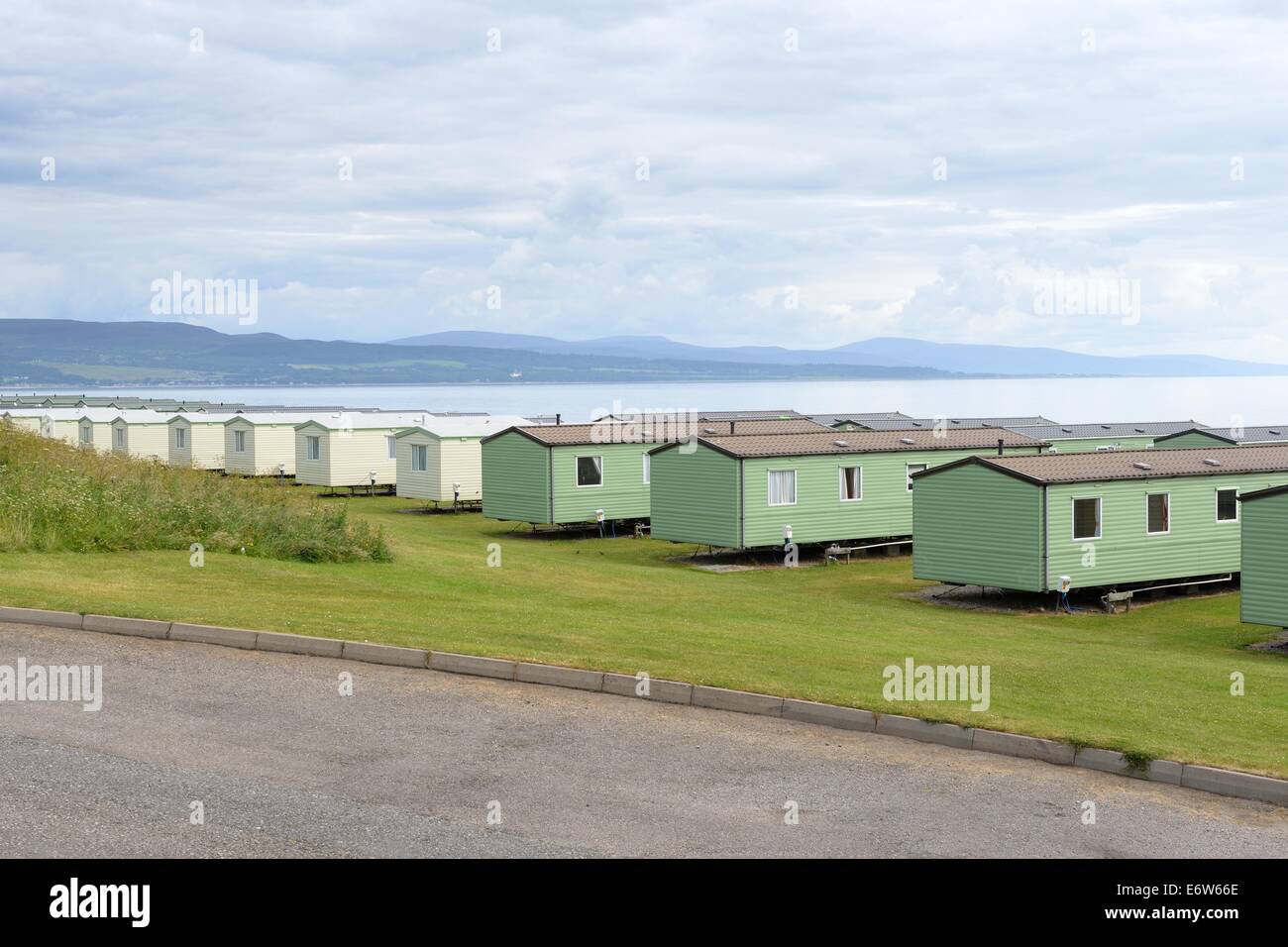 Caravans in a row in Grannies Heilan Hame, Embo, Scotland Stock Photo