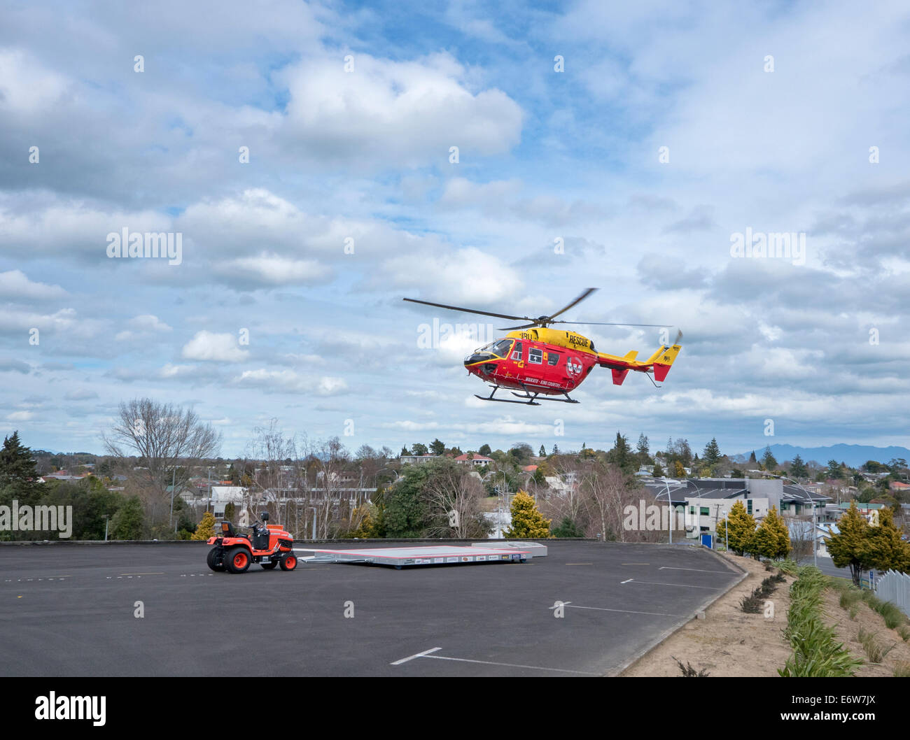 Westpac Rescue Helicopter lifting off at Waikato Hospital Hamilton New Zealand Stock Photo