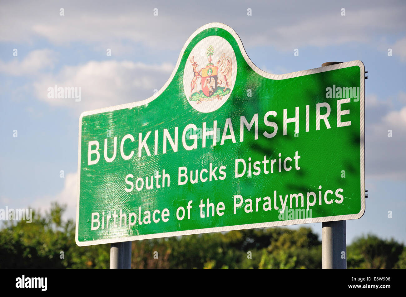 Buckinghamshire 'Birthplace of the Paralympics' sign, Wexham, Buckinghamshire, England, United Kingdom Stock Photo