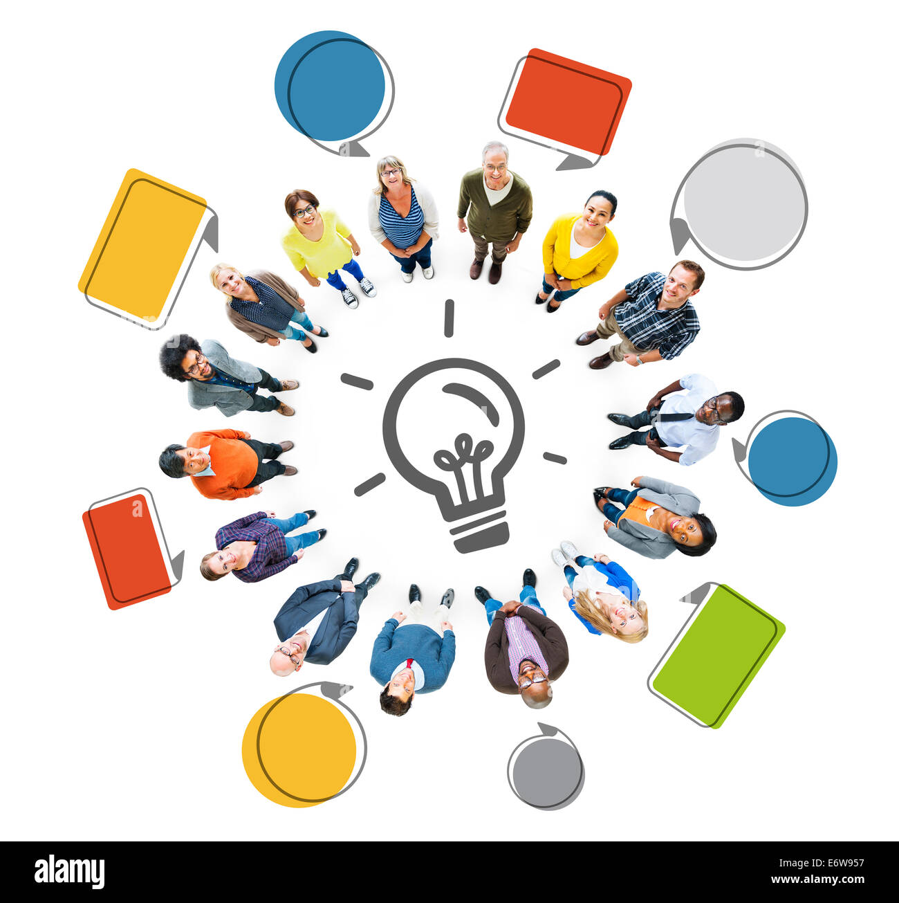 People Looking Up with Light Bulb Symbol and Speech Bubbles Stock Photo