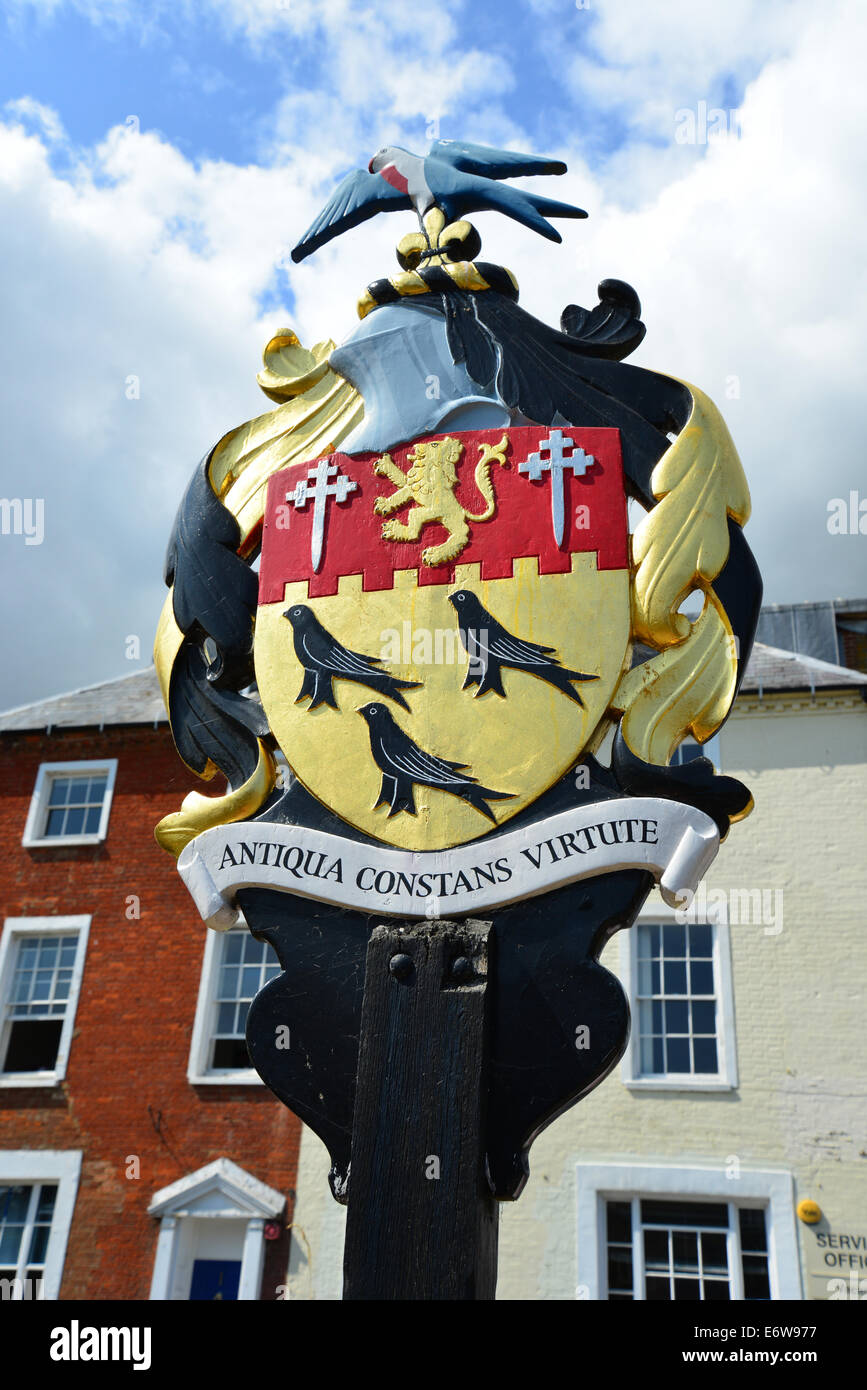 Town sign showing Coat of Arms, River Road, Arundel, West Sussex, England, United Kingdom Stock Photo