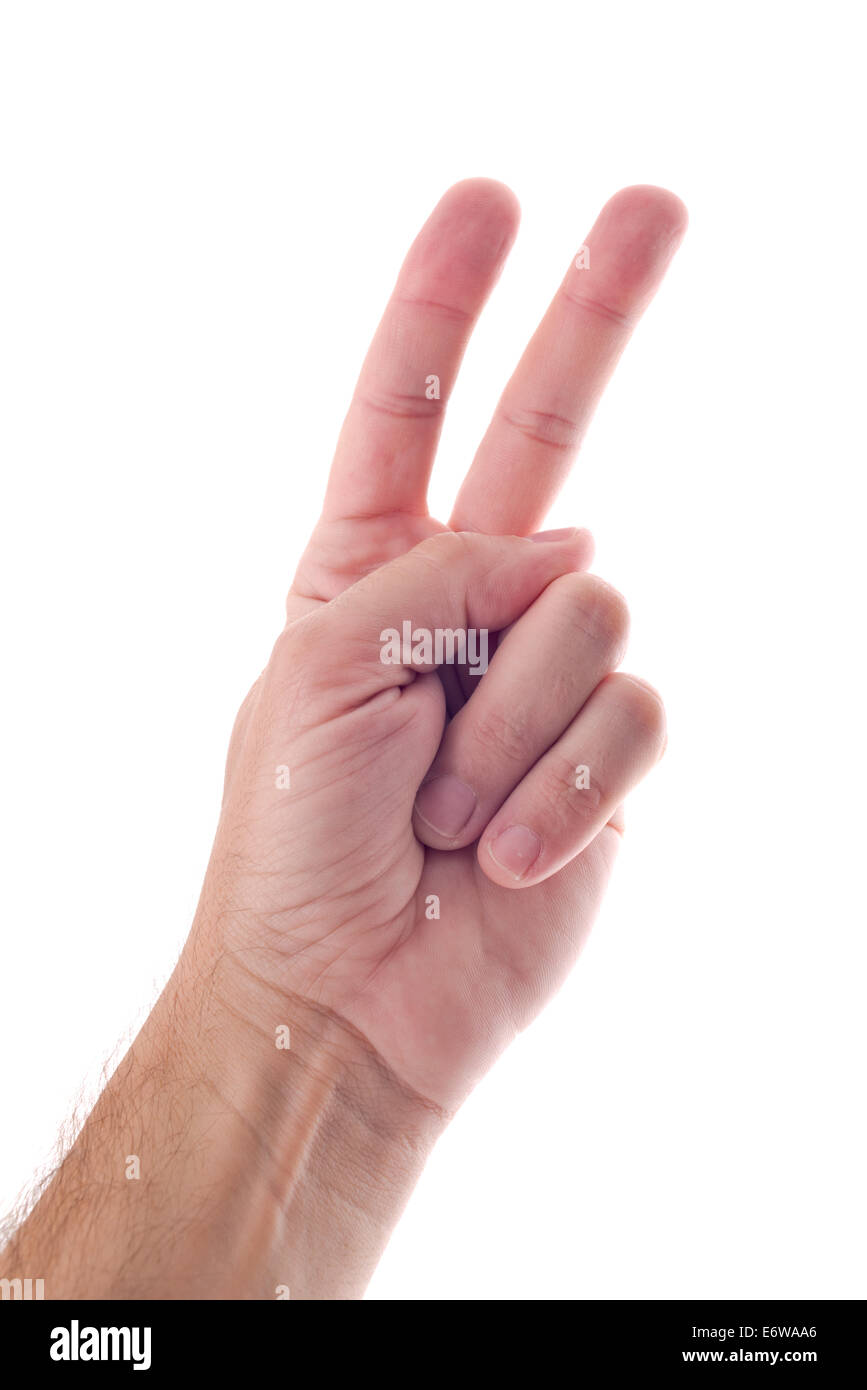 Male hand with two fingers raised in the air, isolated on white background Stock Photo