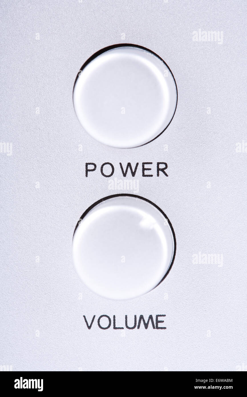 Power and volume buttons on audio speakers. Stock Photo