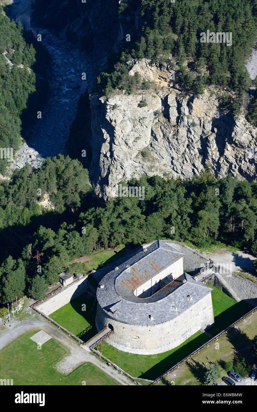 AERIAL VIEW. Redoute Marie-Thérèse. Part of the Esseillon Forts, Avrieux, Savoie, Auvergne-Rhône-Alpes, France. Stock Photo