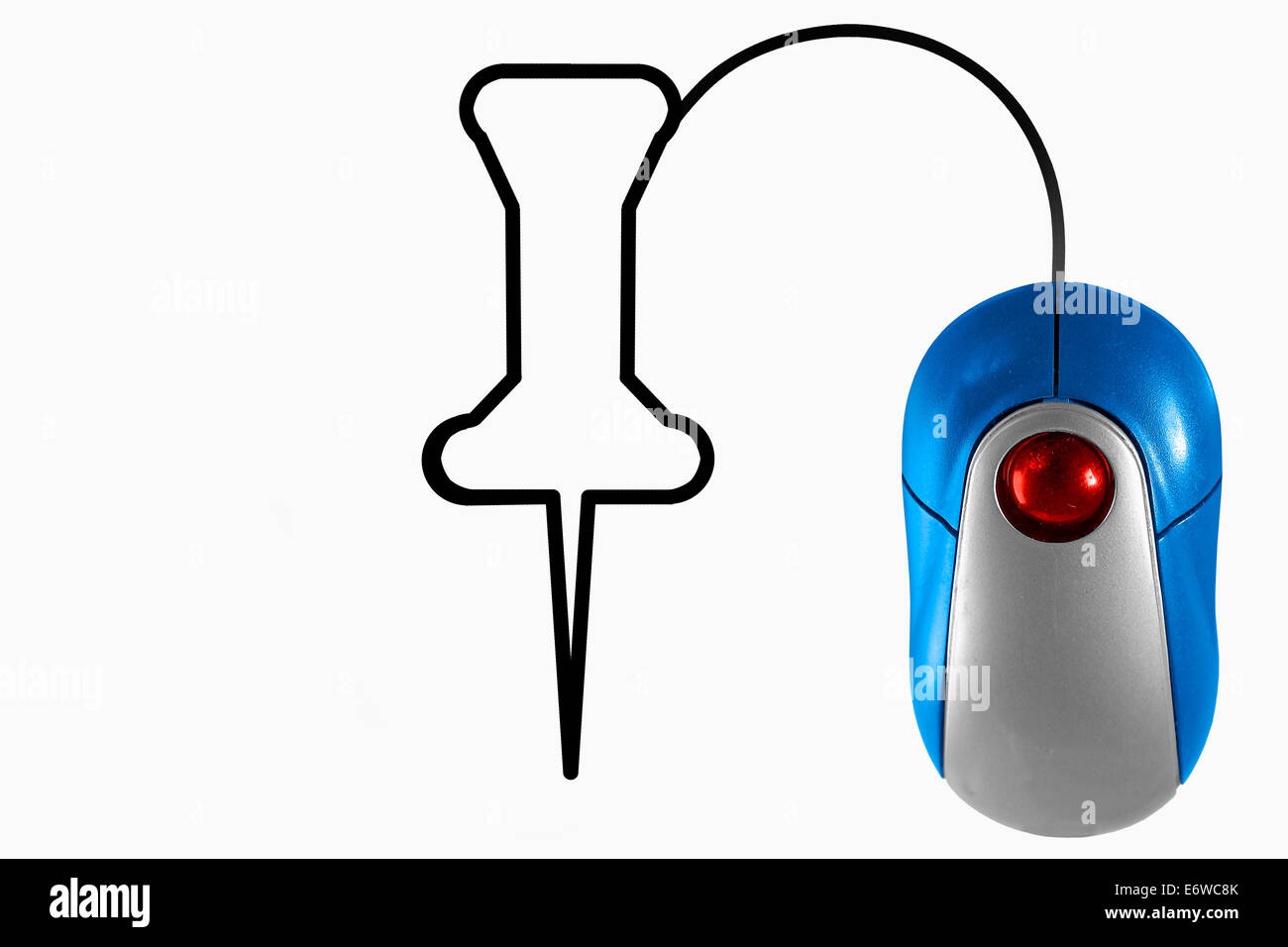 Pushpin depicted by computer mouse cable Stock Photo