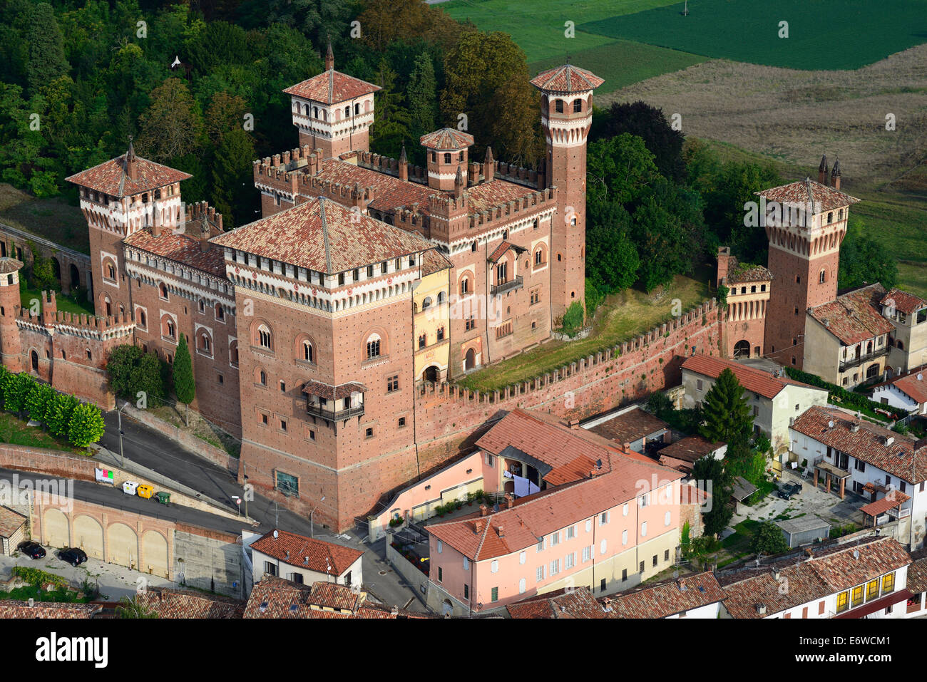 AERIAL VIEW. Medieval brick castle. Cereseto Castle, Cereseto, Province of Alessandria, Piedmont, Italy. Stock Photo