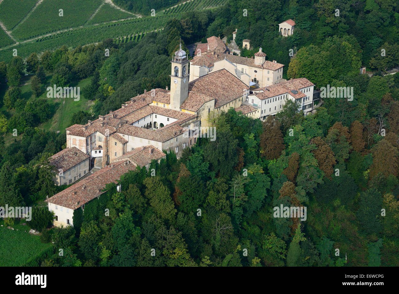 AERIAL VIEW. Sanctuary of Crea. On the list of UNESCO world heritage site. Serralunga di Crea, Province of Alessandria, Piedmont, Italy. Stock Photo