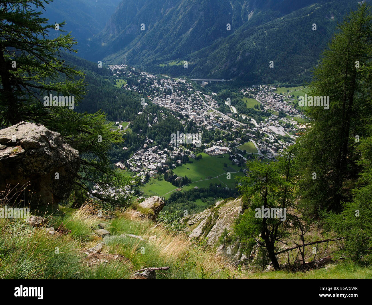 looking down on Courmayeur from near Refuge Bertone, Italy Stock Photo