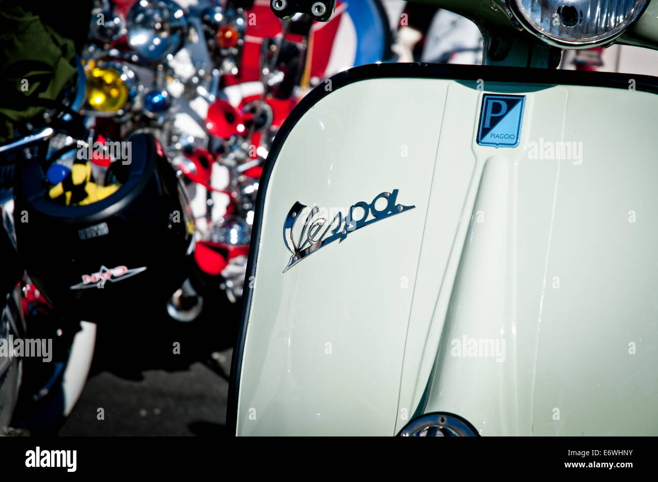 Piaggio Vespa Scooter With classic script logo at a scooter rally in Brighton, UK. Stock Photo