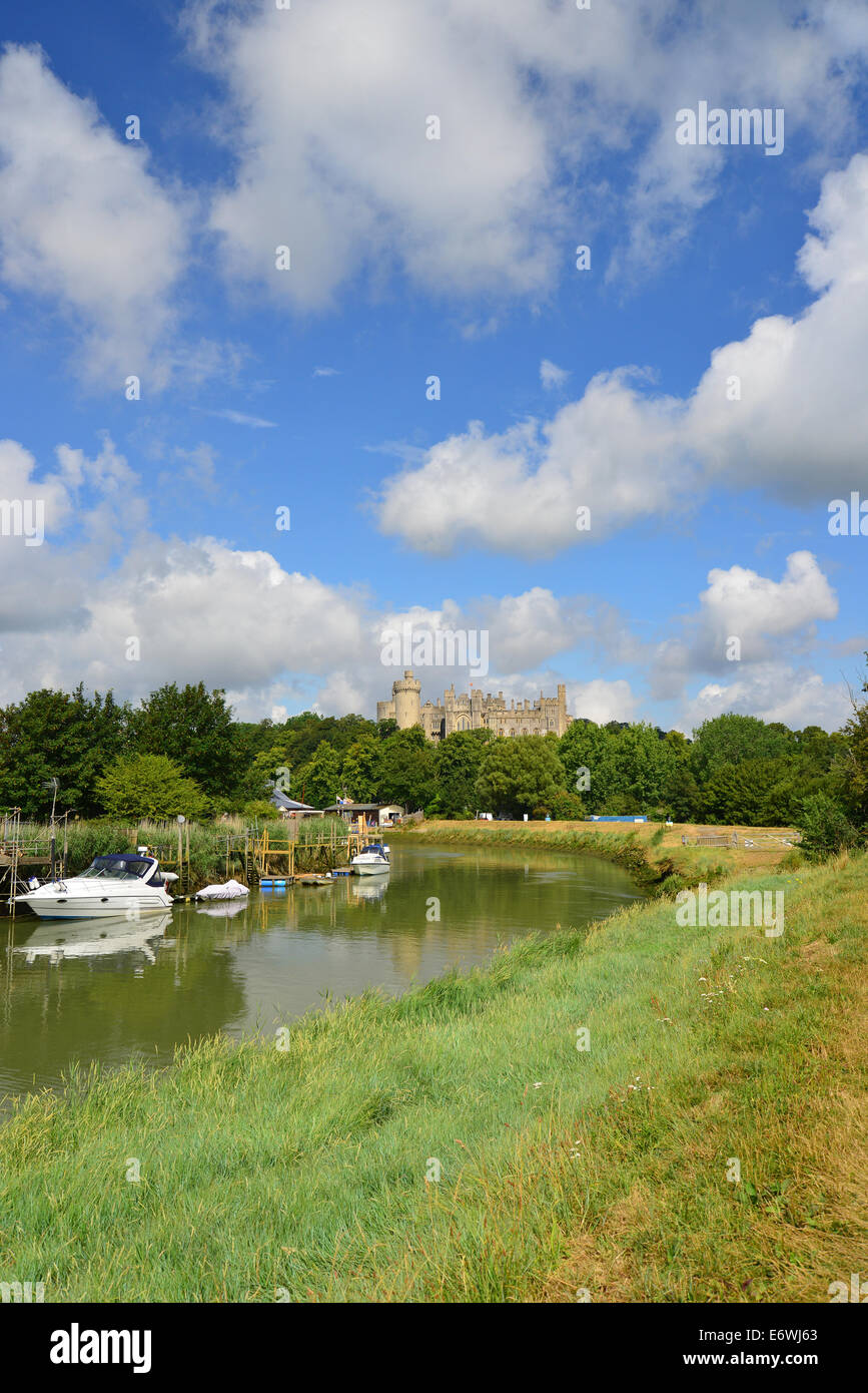 View of Arundel Castle and town from bank of River Arun, Arundel, West Sussex, England, United Kingdom Stock Photo