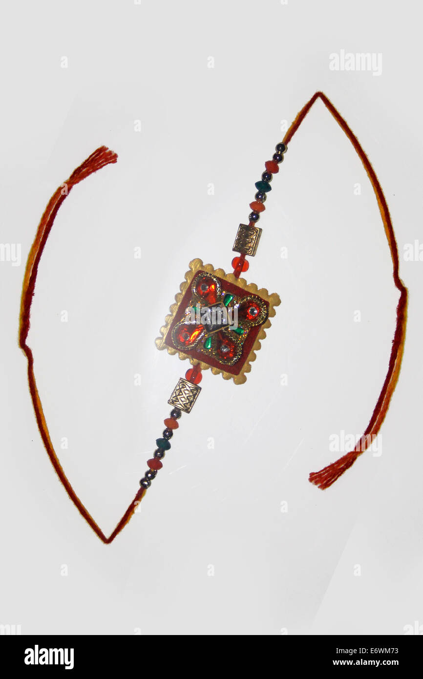 Rakhi for Raksha Bhandhan, it is a traditional indian festival in which a sister ties rakhi on the hand of his brother. Stock Photo