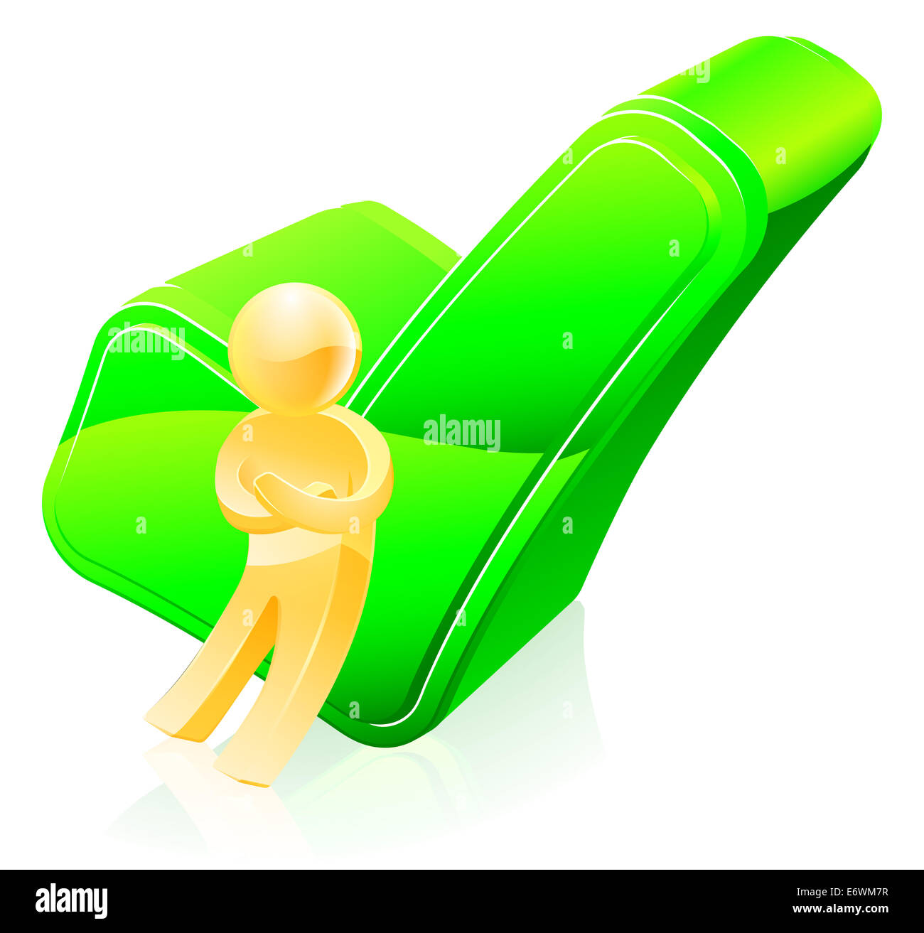 Tick gold person illustration of a gold mascot figure leaning on a big green tick icon Stock Photo