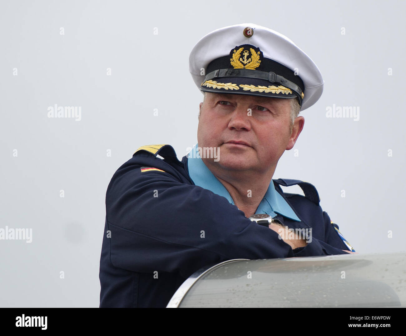 Kiel, Germany. 01st Sep, 2014. Nils Brandt, the commander of the sailing school ship 'Gorch Fock' poses in the navy port in Kiel, Germany, 01 September 2014. Under a new command the sailing ship set out on its 165th training trip to the Swedish town Visby. Photo: Daniel Bockwoldt/dpa/Alamy Live News Stock Photo