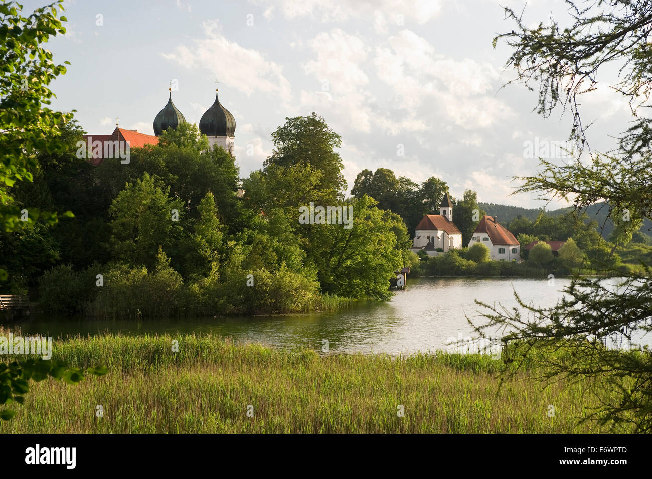 Lake Klostersee and Seeon abbey, Seeon, Chiemgau, Bavaria, Germany Stock Photo