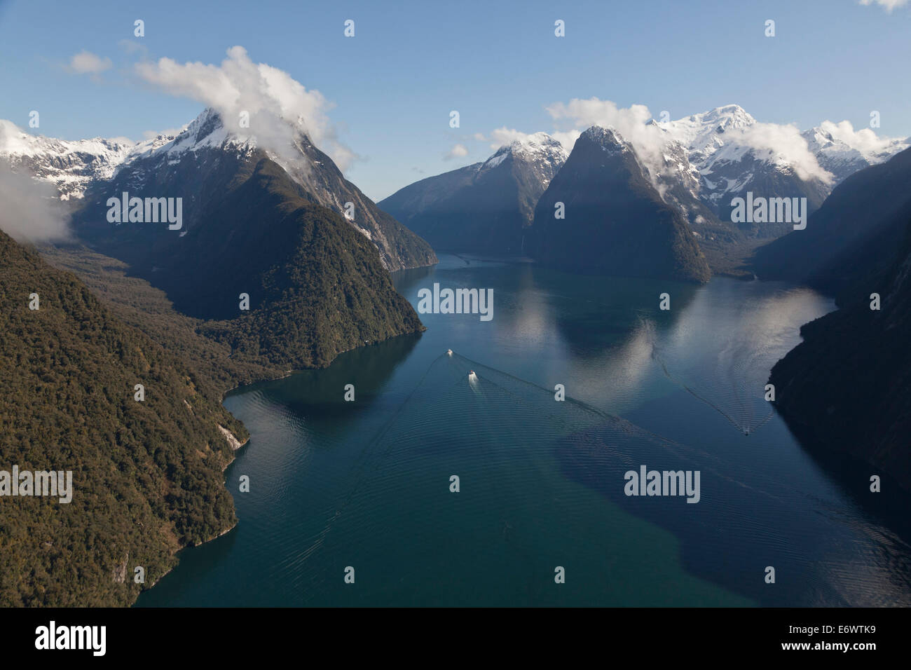 Aerial view of Milford Sound with the snowcapped mountain of Mitre Peak, Milford Sound, Fiordland National Park, South Island, N Stock Photo