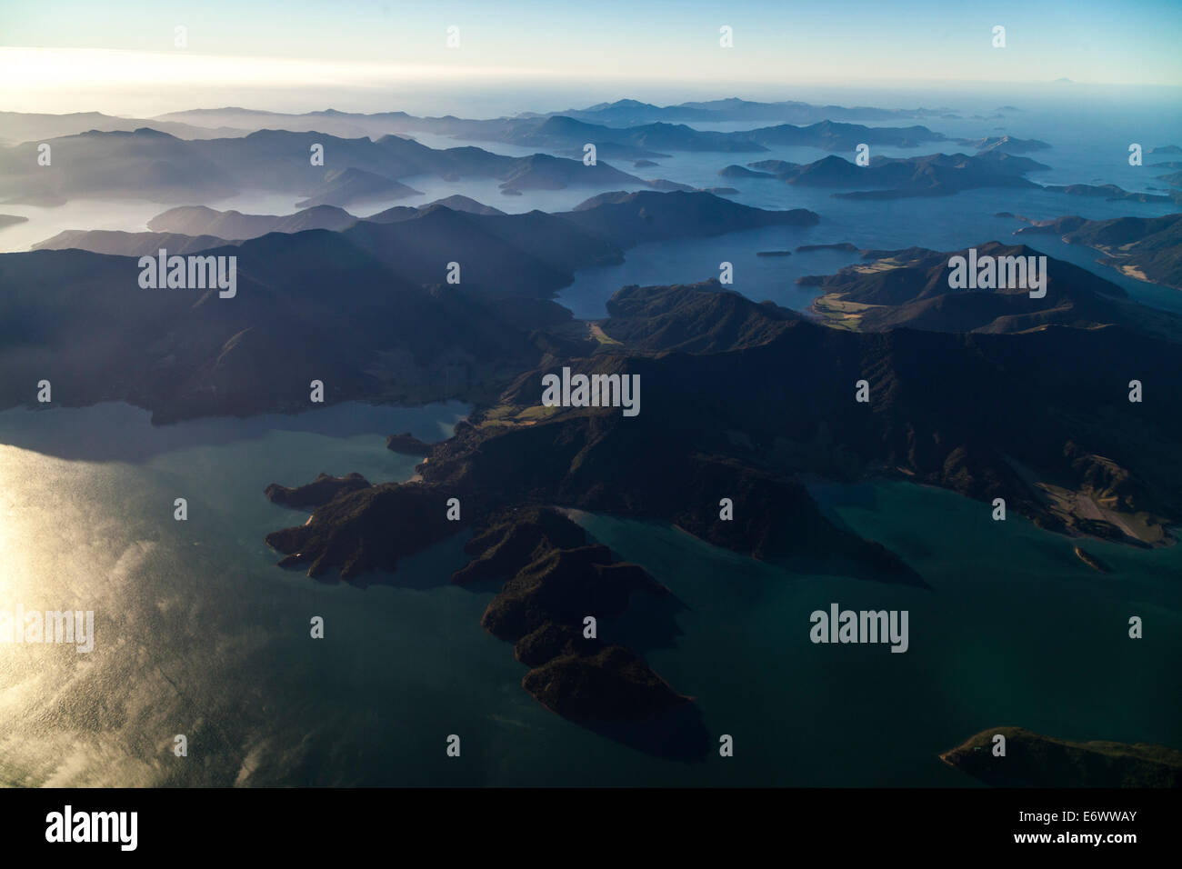 Aerial view of bays and islands at Marlborough Sounds, South Island, New Zealand Stock Photo