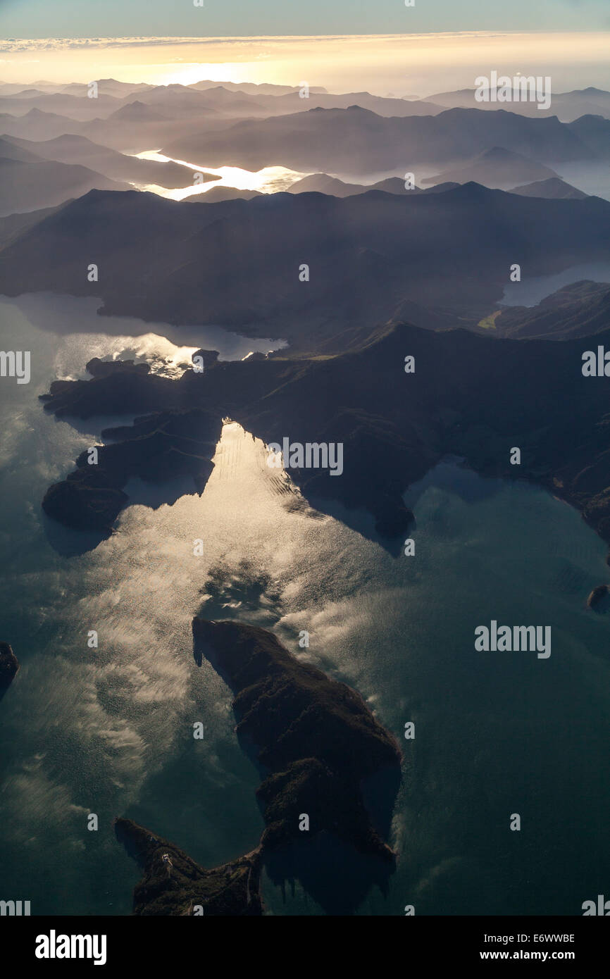 Aerial view of bays and islands, Marlborough Sounds, South Island, New Zealand Stock Photo