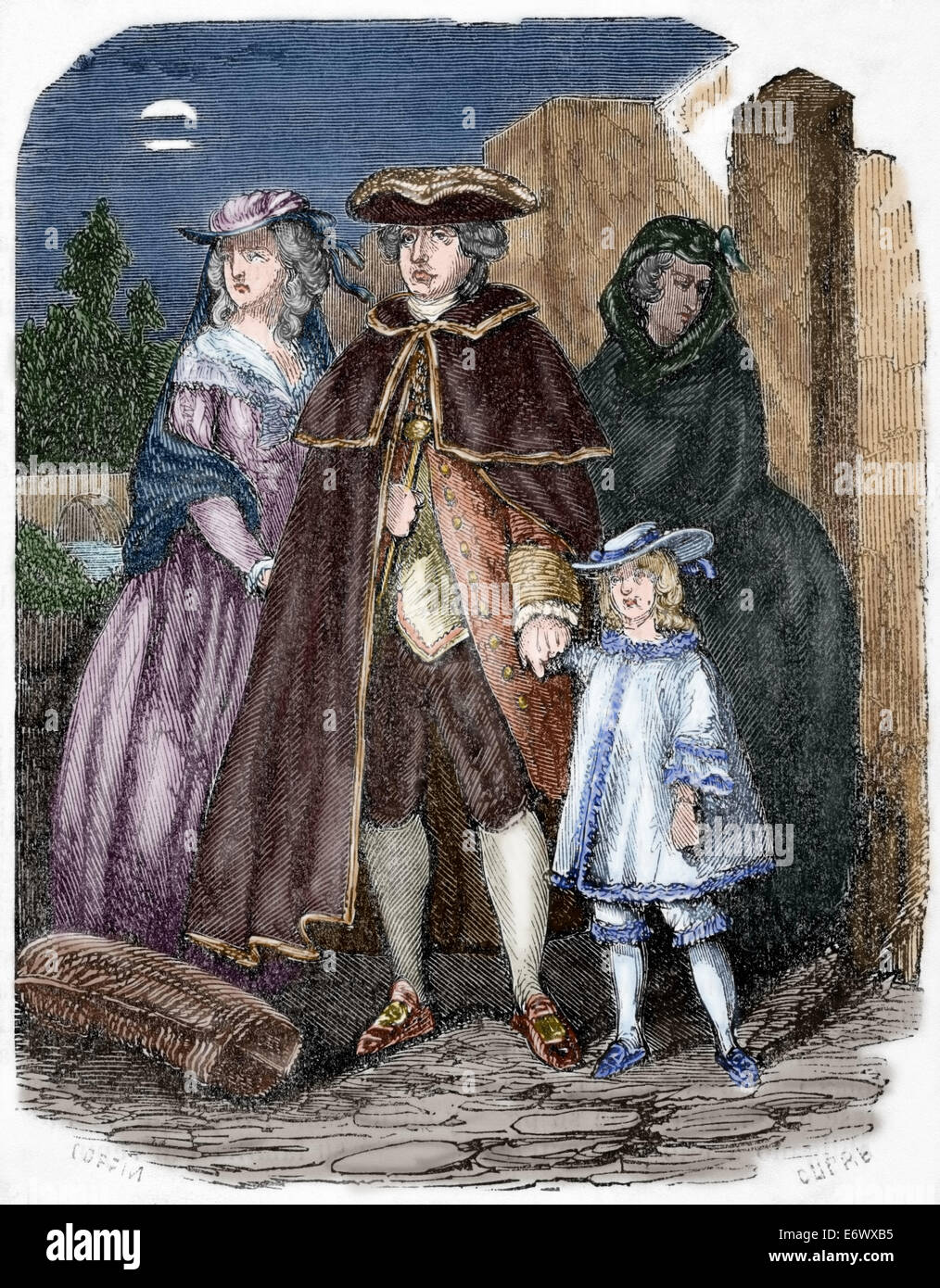 French Revolution (1789-1799). Escape of Louis XVI (1754-1793) and his family, 1791. Engraving by Dupre. Colored. Stock Photo