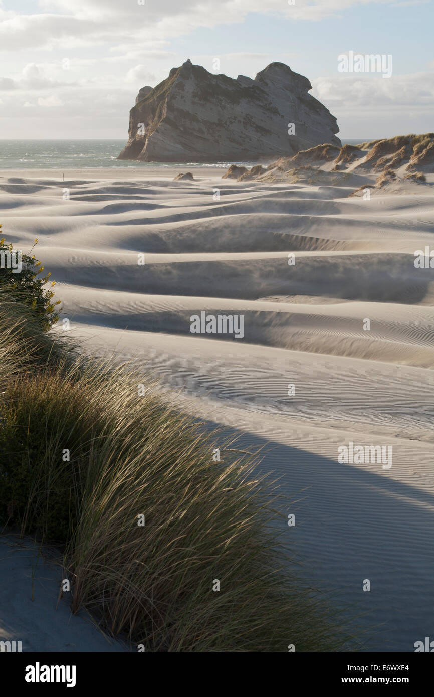Wave-like sand dunes at Wharariki Beach, South Island, New Zealand Stock Photo