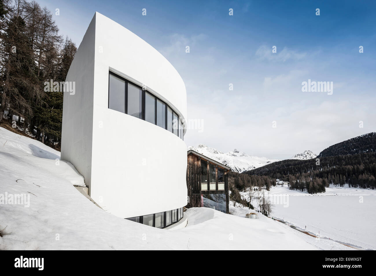 Modern chalet home, St. Moritz, Engadine valley, Upper Engadin, Canton of Graubuenden, Switzerland Stock Photo