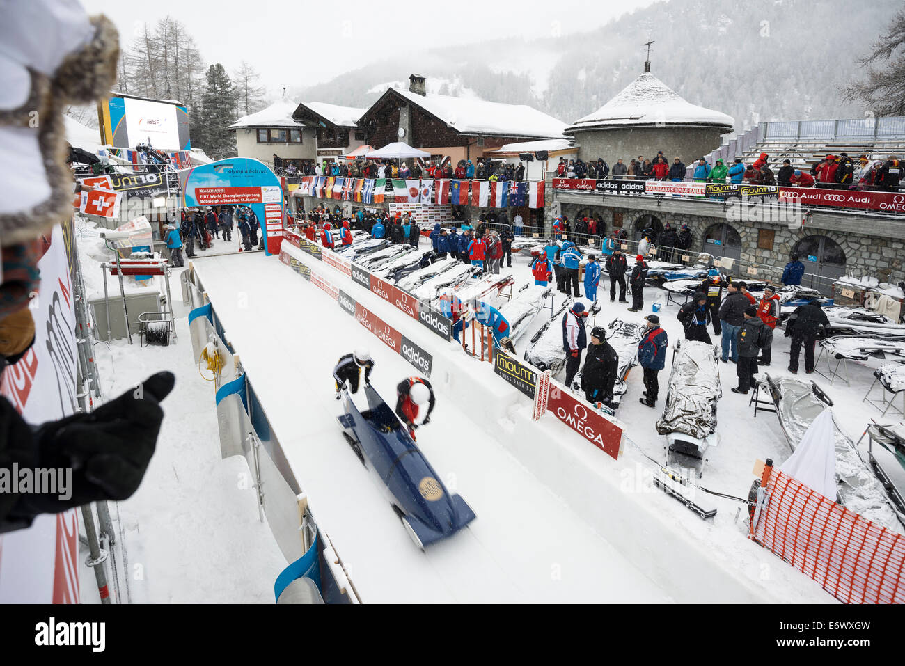 Bobsleigh World Championships 2013, St. Moritz, Engadine valley, Upper Engadin, Canton of Graubuenden, Switzerland Stock Photo