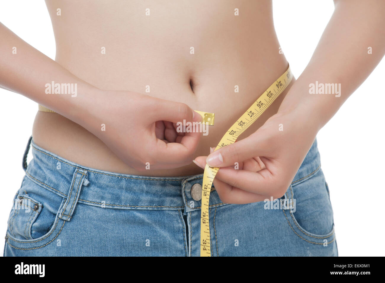Woman Measuring Her Waist With A Yellow Measuring Tape, Isolated