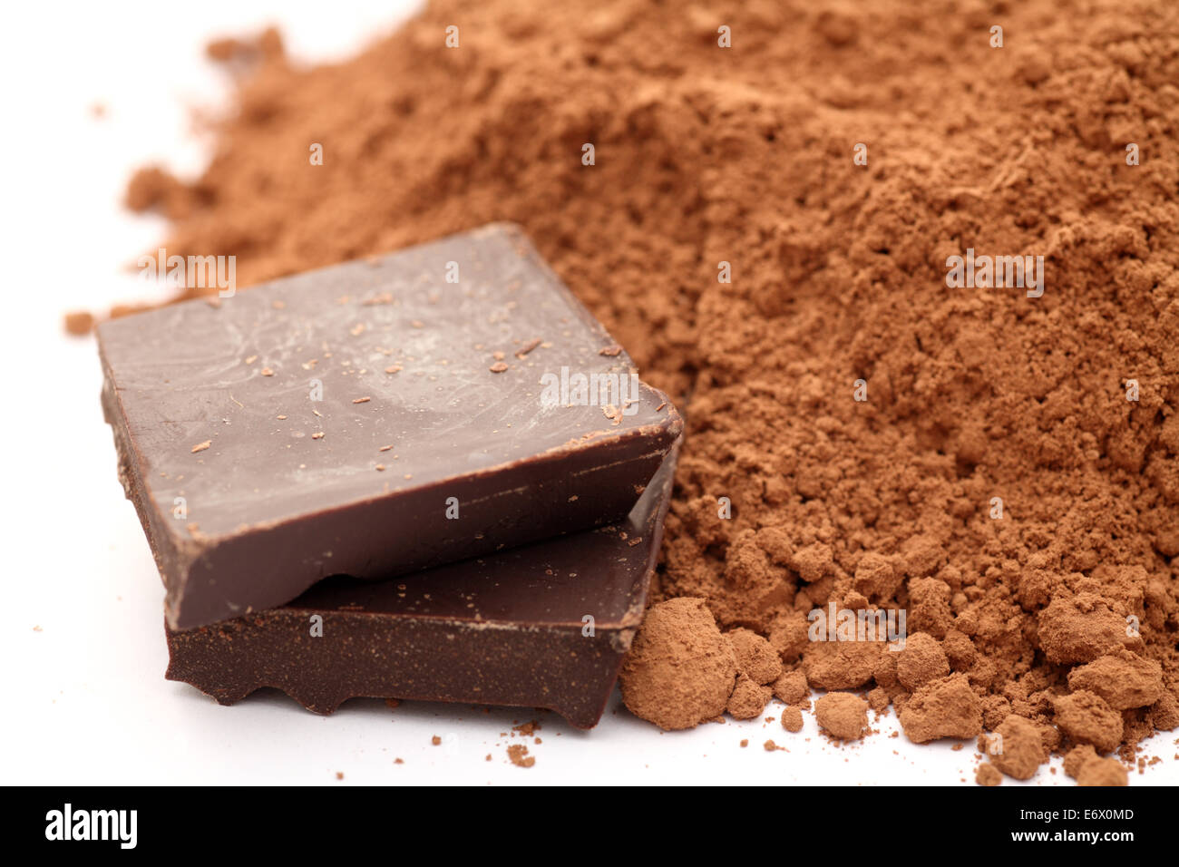 Chocolate and heap of cocoa powder. Closeup Stock Photo - Alamy