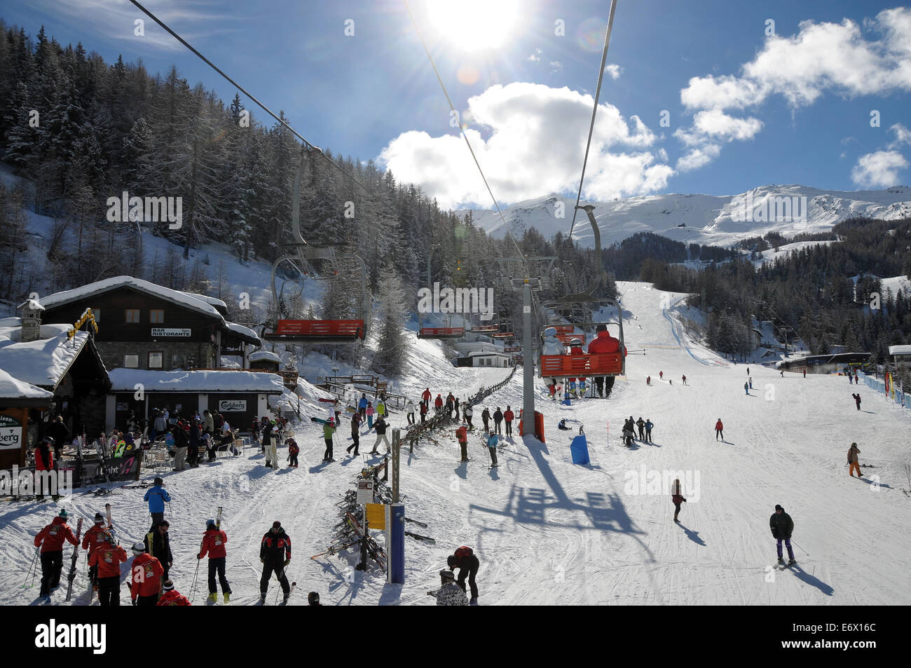 At Pila ski resort over Aosta, Aosta Valley, Italy Stock Photo ...