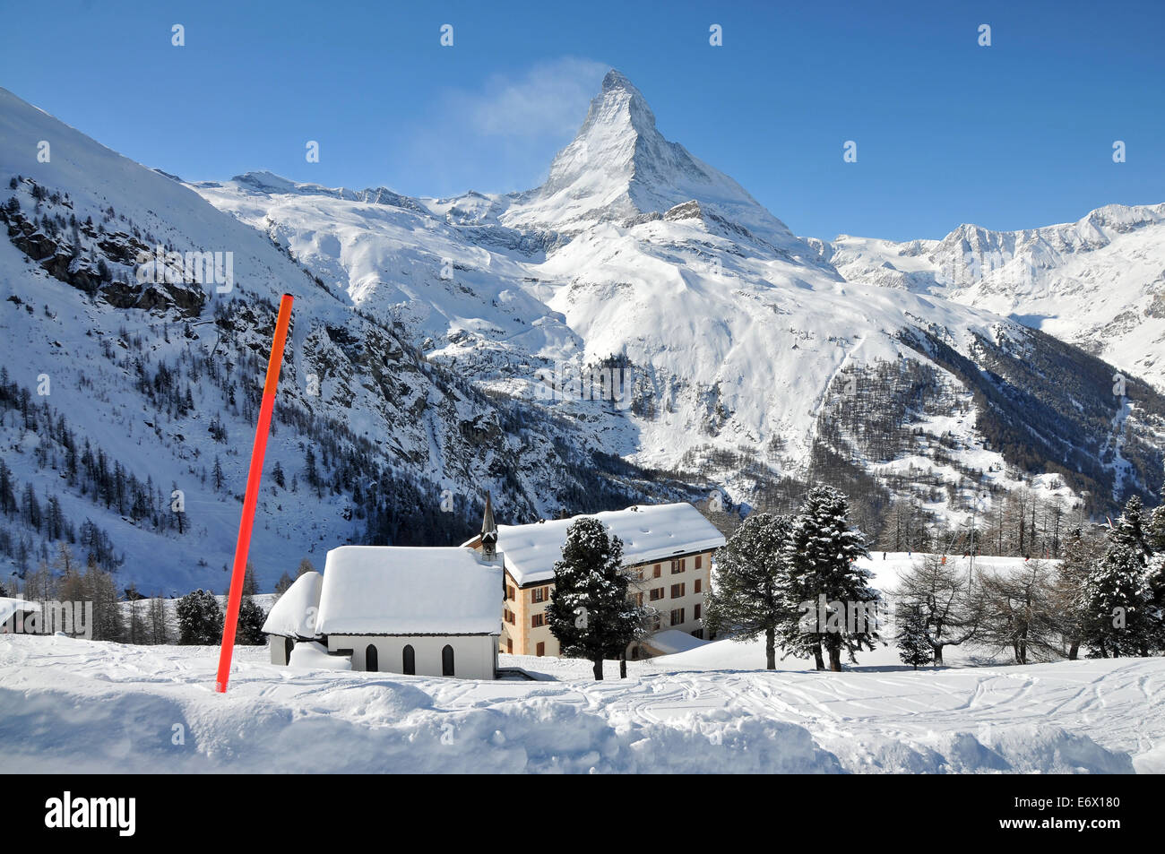 At Riffelberg in the ski resort of Zermatt with Matterhorn in the background, Valais, Switzerland Stock Photo