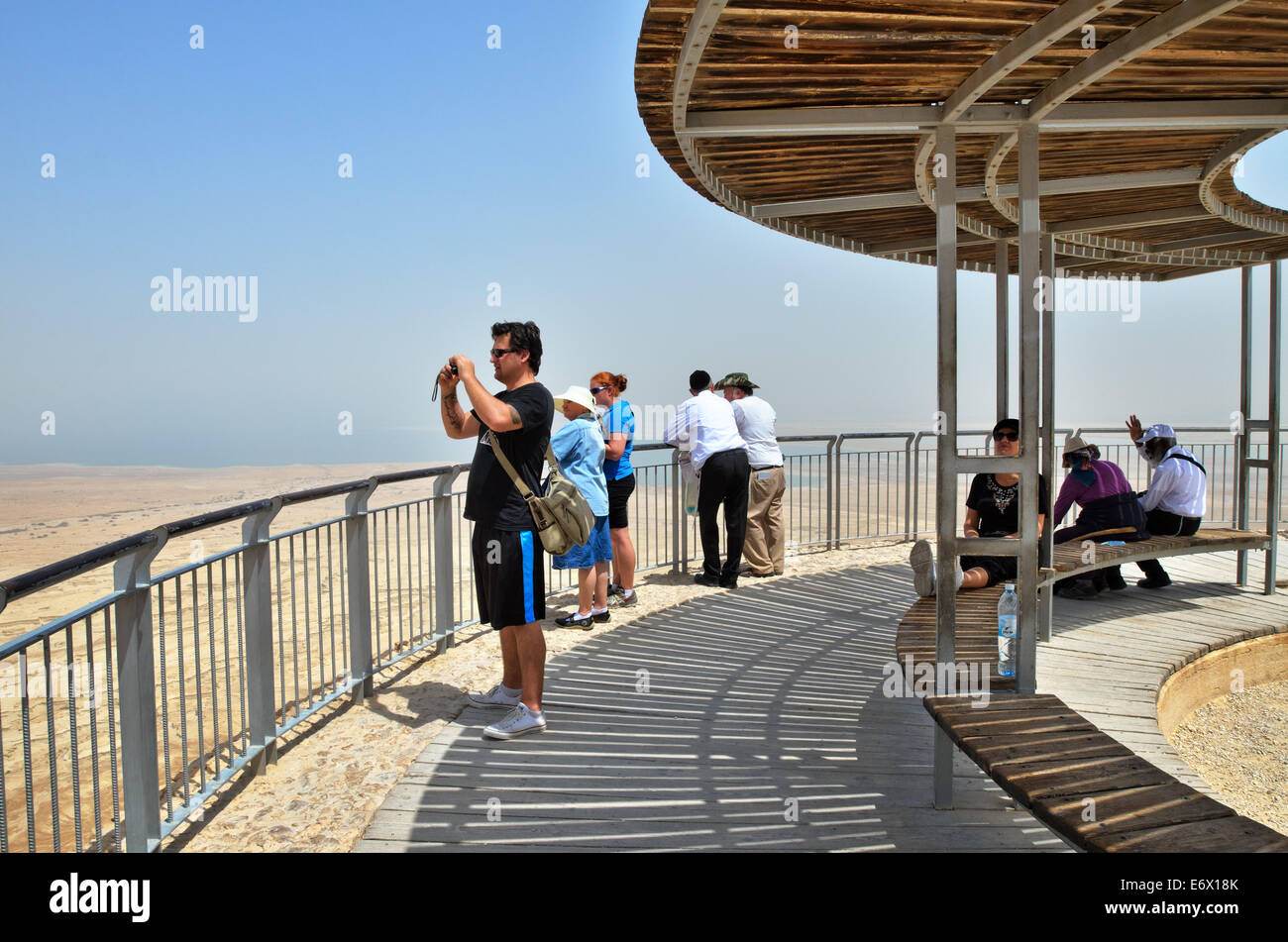 Tourists take pictures from the middle terrace of Herod's Palace, Masada, Israel. Stock Photo